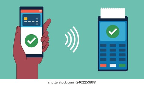 Contactless Payment Concept, Human Hand holding Phone close to POS Terminal with NFC Technology for Money Transfer, Flat Vector Illustration Design