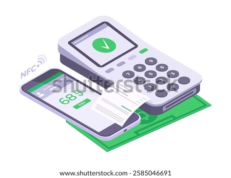 Contactless payment concept. Isometric electronic payment, online banking transaction with smartphone, mobile terminal payment 3d vector illustration. Mobile contactless banking payment