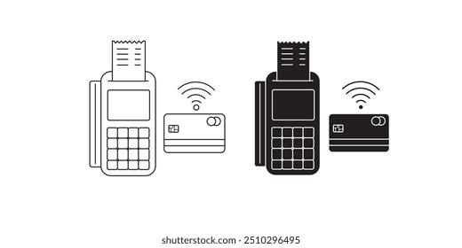 Contactless payment concept with one hand holding pos terminal and another hand holding credit card