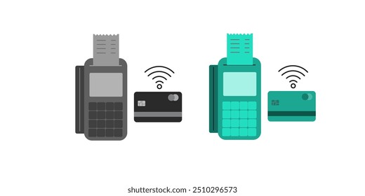 Contactless payment concept with one hand holding pos terminal and another hand holding credit card