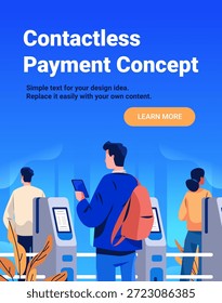 Concepto de pago sin contacto personas que utilizan dispositivos digitales en los quioscos de autoservicio tecnología moderna Anuncio de Web de fondo azul