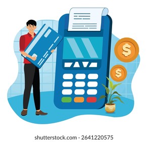 Contactless payment concept. Person holding a credit card while using a point-of-sale terminal. Depicts digital payment, fintech solutions, and modern retail system.