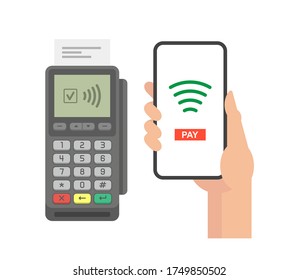 Contactless Payment Concept. Pos terminal confirms the payment by smartphone