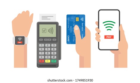 Contactless Payment Concept. Pos terminal confirms the payment by smartphone, credit card, smart watch. 
