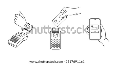Contactless payment concept set. Hands use credit card, phone, smartwatch to make contactless payment with POS terminal using NFC technology
