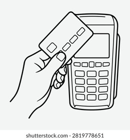 Contactless payment concept showing card payment with POS terminal. Minimal outline illustration suitable for digital payment, retail and financial technology projects.