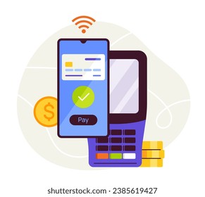 Contactless payment concept. Smartphone with atm terminal. Electronic commerce and marketing. Digital transfers and transactions. Cartoon flat vector illustration isolated on white background