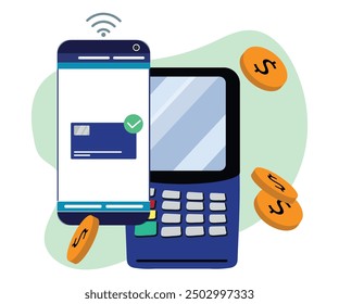 Concepto de pago sin contacto. Smartphone con terminal ATM. Comercio Electrónica y marketing. Transferencias y transacciones digitales. Ilustración vectorial plana de la historieta aislada en el fondo blanco