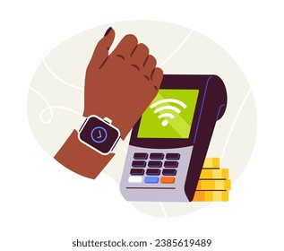 Contactless payment concept. Smartwatches with atm terminal. Digital transfers and transactions. Graphic element for website. Cartoon flat vector illustration isolated on white background