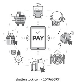 Contactless payment concept using tablet to pay several items of daily live in gray color.
Easy to edit vector illustration in terms of layers and colors. No gradients or transparency effects.