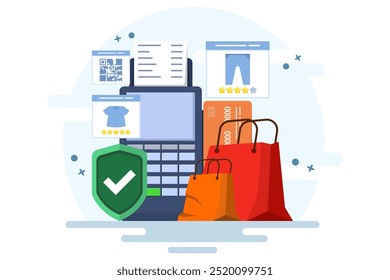 Contactless payment concept, Wireless mobile payment with debit card, Invoice, Shopping concept, Payment machine, debit card. Flat vector illustration on background.