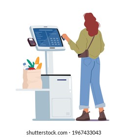 Contactless Payment, Contemporary Technologies. Female Character in Supermarket Stand at Checkout Self Service with Pos Terminal for Cashless Paying for Grocery Purchases. Cartoon Vector Illustration