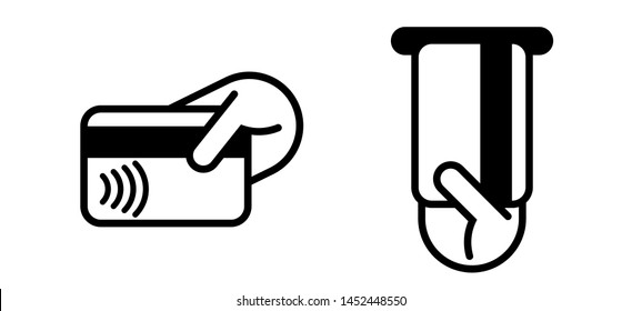 Contactless payment credit card, ATM insert card vector logo. NFC contactless pay wave and pay pass POS terminal icon