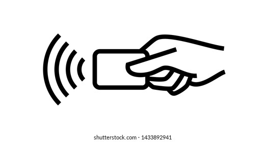 Contactless payment, credit card and hand tap pay wave logo. Vector wireless NFC and contactless pay pass icon svg