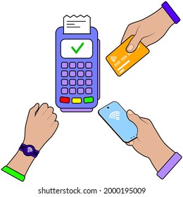 Contactless payment. Credit card. POS terminals, NFC technology. Vector