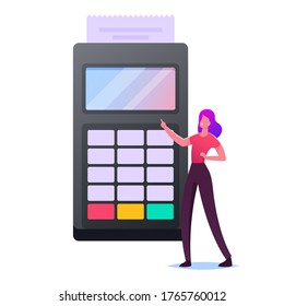 Contactless Payment with Credit Card Reader Machine Concept. Female Character in Supermarket Stand at Huge Pos Terminal for Cashless Paying for Purchases, Technologies. Cartoon Vector Illustration