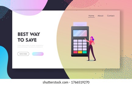 Contactless Payment with Credit Card Reader Machine Landing Page Template. Female Character Stand at Huge Pos Terminal for Cashless Paying for Purchases, Technologies. Cartoon Vector Illustration