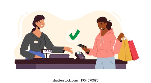 Contactless Payment with Credit Card Reader Machine Concept. Female Character in Supermarket Stand at Pos Terminal Make Cashless Paying for Purchases, NFC Technologies. Cartoon Vector Illustration