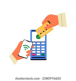 Contactless Payment With Credit Card And Smartphone In Flat Vector Illustration Symbolizing Digital Transactions And Mobile Banking, Isolated On White Background