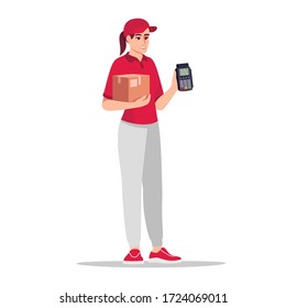Contactless payment for delivery semi flat RGB color vector illustration. Caucasian employee in red shirt with terminal for credit card. Courier worker isolated cartoon character on white background