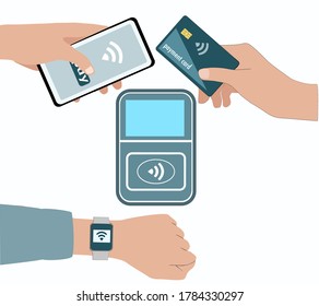 Contactless Payment Devices on white background.Smart watch,smartphone,paymentcard and hands vector illustration.