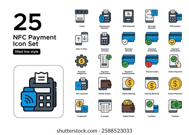 Contactless Payment and Digital Transactions. NFC, Mobile Wallets, and Secure Payments. Vector Illustration. FIlled line icon set