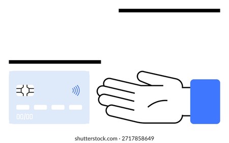 Pagamento sem contato, transações digitais, tecnologia NFC, pagamentos seguros, comércio eletrônico, bancos inovadores. Gesto de mão perto de um cartão de crédito com símbolo NFC. Pagamento sem contato e digital