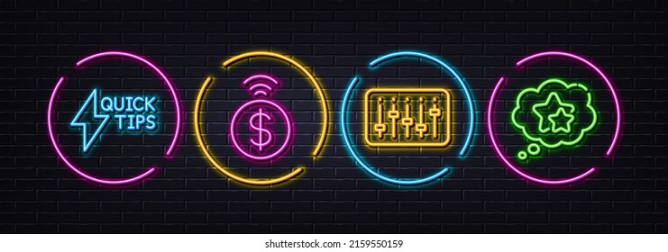 Contactless payment, Dj controller and Quickstart guide minimal line icons. Neon laser 3d lights. Ranking stars icons. For web, application, printing. Vector