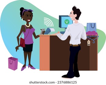 Contactless payment. Elegant black woman shopping. Payment with a mobile phone close to the Point Of Sale terminal. Charismatic and kind attendant.