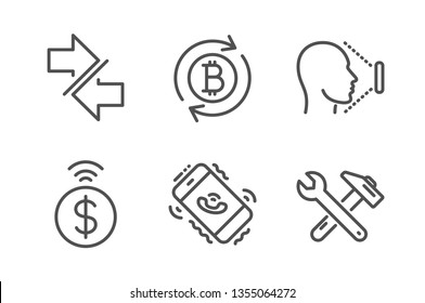 Contactless payment, Face id and Call center icons simple set. Refresh bitcoin, Synchronize and Spanner tool signs. Financial payment, Identification system. Business set. Vector