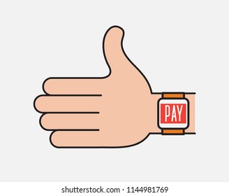 Contactless payment flat vector icon. Hand with smart watch. Wireless payment thin line icon.