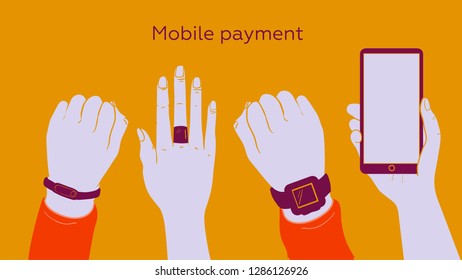 Contactless payment flat vector icon. Hand with smart watch. Wireless payment thin line icon