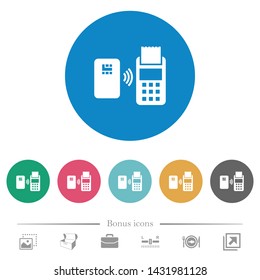 Contactless payment flat white icons on round color backgrounds. 6 bonus icons included.