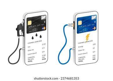 Pago sin contacto por el cargo de combustible y coche. С concepto de pago por combustible y carga eléctrica de auto con tarjeta de banco usando smartphone. Estación de electro de gasolina con pago sin contacto.