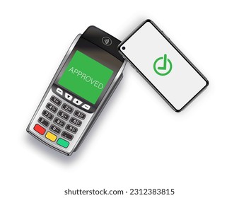 Contactless payment for goods. Payment for purchases with a mobile phone. Payment terminal and smartphone. E-commerce and business.