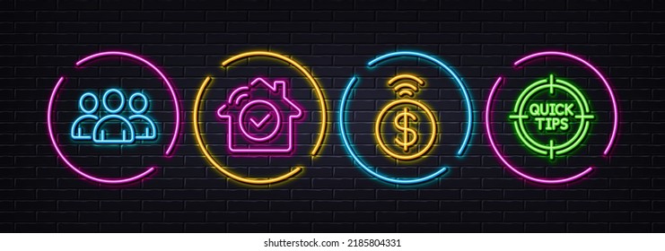 Iconos de línea mínimos de pago sin contacto, seguridad de grupo y casa. Luces 3d láser neón. Iconos de consejos. Para web, aplicación, impresión. Pago financiero, Grupo de usuarios, Smart Home. Trucos rápidos. Vector