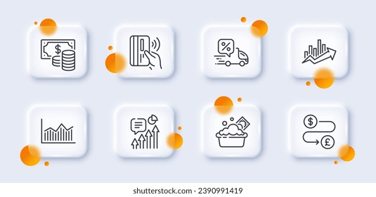 Contactless payment, Growth chart and Money diagram line icons pack. 3d glass buttons with blurred circles. Delivery discount, Coins banknote, Launder money web icon. Kpi pictogram. Vector