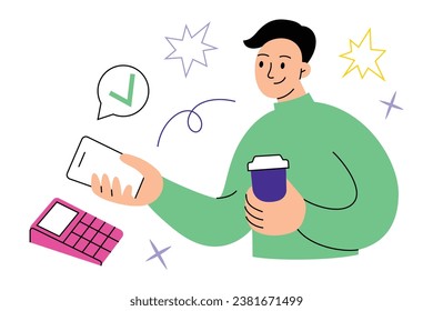 Contactless payment hand drawn composition, person makes cashless pay with smartphone, nfc technology, doodle icon, customer uses payment terminal, vector illustration of cartoon man, 