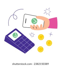 Composición de pago a mano sin contacto, mano con smartphone, usando tecnología nfc, ilustración vectorial de pago sin efectivo en tienda, icono de terminal de pago, clipart de color sobre fondo blanco
