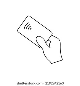 Contactless payment, hand holding NFC bank card. Flat vector illustration isolated on white background.