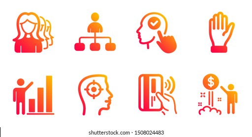 Contactless payment, Hand and Management line icons set. Women headhunting, Recruitment and Graph chart signs. Select user, Income money symbols. Bank money, Waving palm. People set. Vector