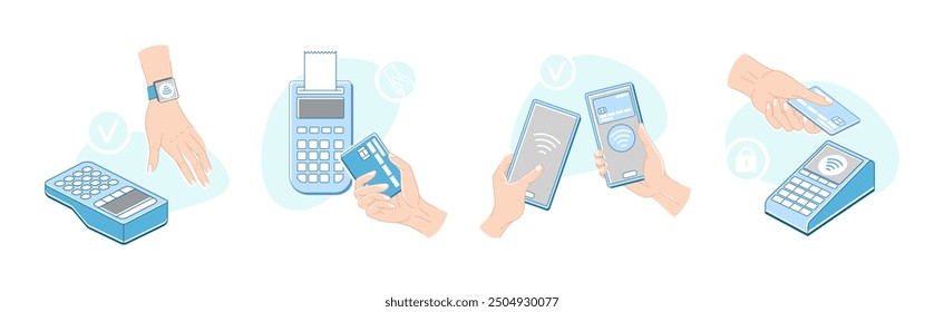 Contactless Payment with Hand Paying with Smartphone, Plastic Card and Wrist Watch Vector Set