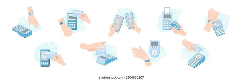 Contactless Payment with Hand Paying with Smartphone, Plastic Card and Wrist Watch Vector Set