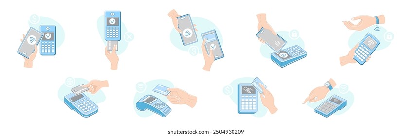 Contactless Payment with Hand Paying with Smartphone, Plastic Card and Wrist Watch Vector Set