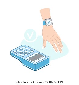 Contactless Payment with Hand Paying with Wrist Watch Vector Illustration