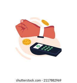 Contactless payment with hand smart watches and terminal. Person paying cashless with smartwatches on wrist. Buying with wireless device. Flat vector illustration isolated on white background