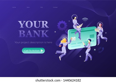 Contactless payment header template. Astronauts with big plastic card. Vector illustrative metaphor of banking, contactless payments, cashless technologies, internet shopping, credit cards. 