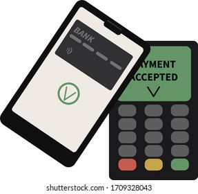 Contactless payment with help of mobile phone and terminal. Flat vector illustration