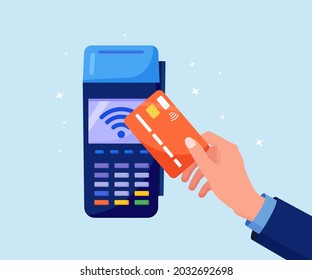 Contactless payment. Human hand holding credit or debit card close to the POS terminal to pay. Transaction by NFC technology. Vector illustration