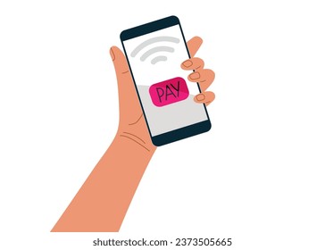 Contactless payment. Human Hand holding mobile phone. Flat vector illustration isolated on white. Financial payments concept. Using Smartphone payment apps. Online payment on screenshot. NFC Payment 